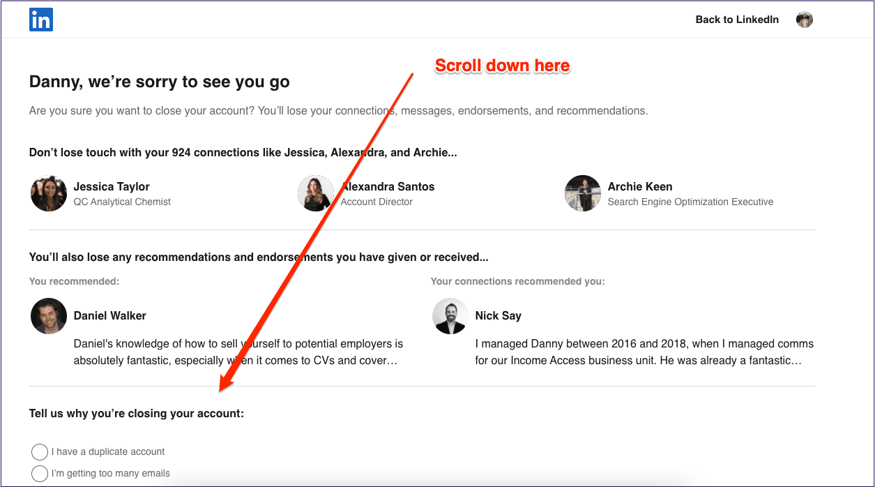 Сообщение о закрытии учетной записи Linkedin