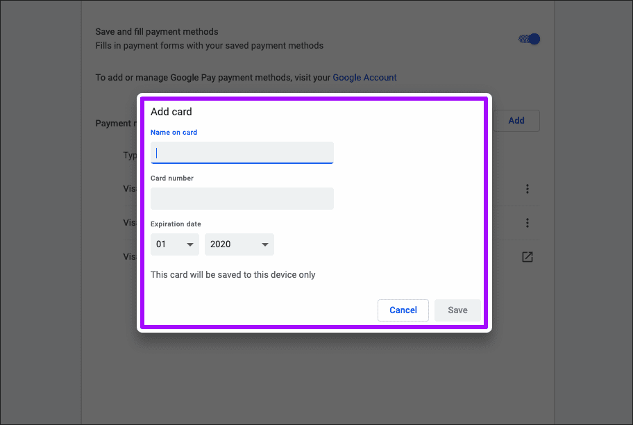 Chrome Добавить Удалить информацию о кредитной карте 5