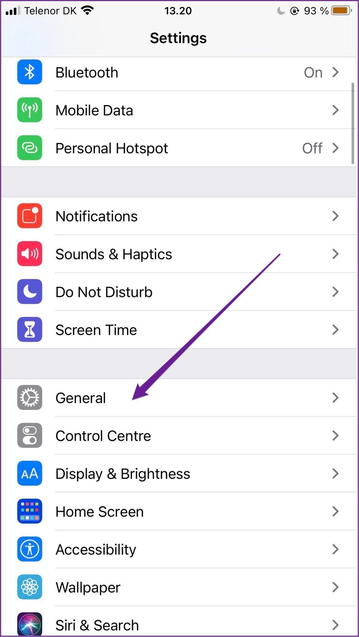 Доступ к общим настройкам iPhone