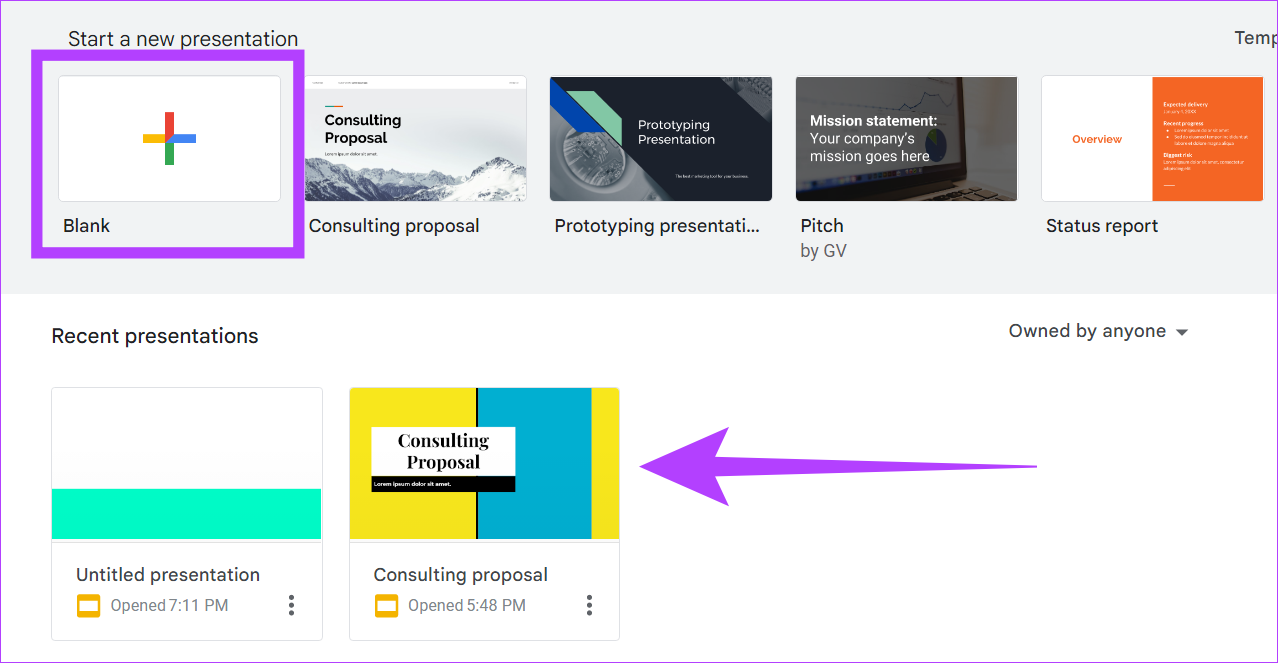 Нажмите на Google Slide, чтобы начать редактирование, или нажмите «Пустой», чтобы начать новый проект.
