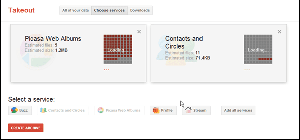 Google Takeout Select Services