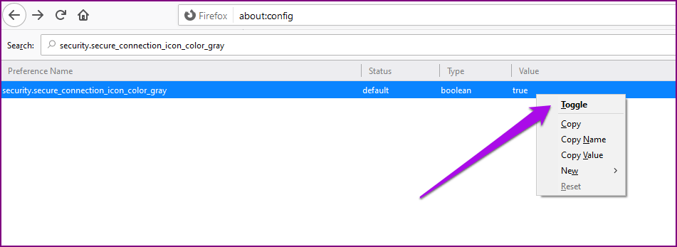 Получить значок зеленого замка Firefox Toggle Preference