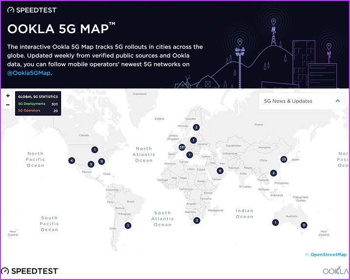 Карта Ookla для проверки доступности 5G по всему миру