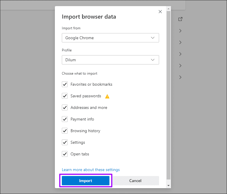 Импорт данных браузера Microsoft Edge Chromium 7