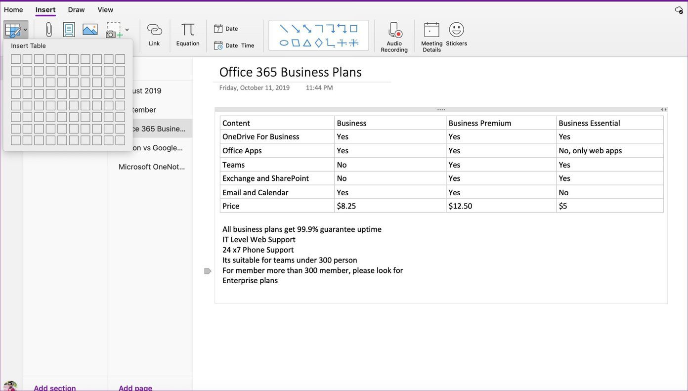 Таблица Onenote