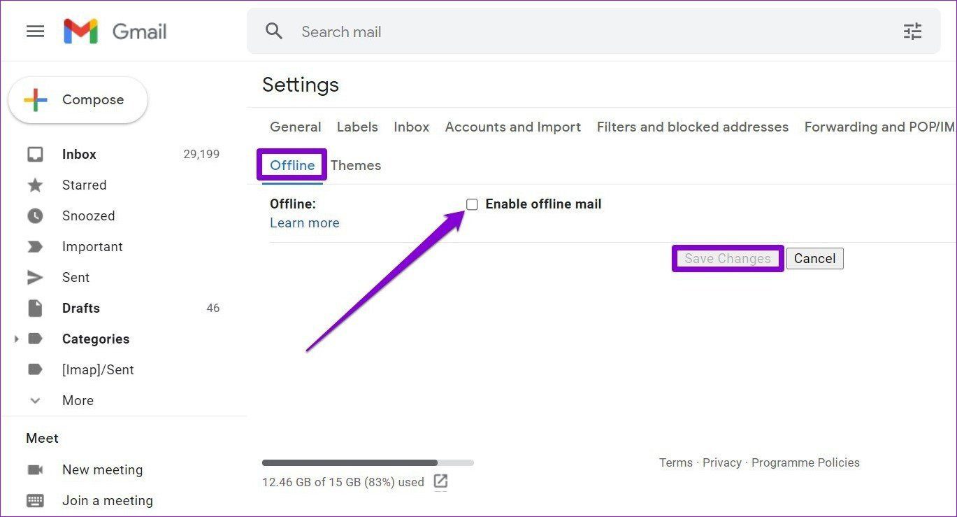 Отключить автономный режим в Gmail
