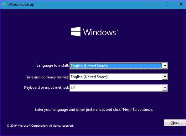 Программа установки Windows выбирает язык и регион
