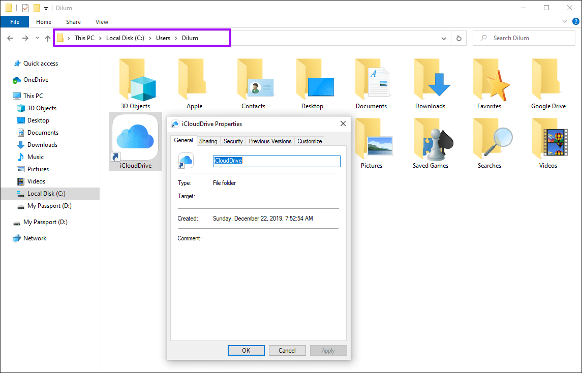 I Облачный диск Изменить местоположение папки Windows 9