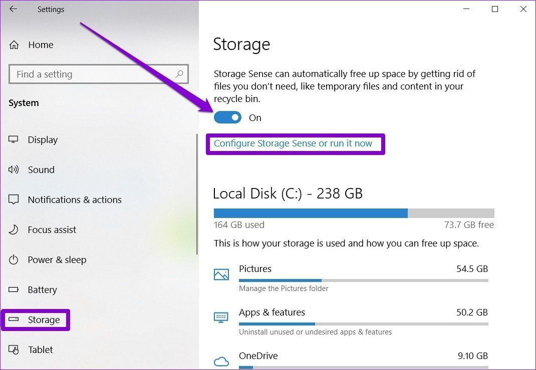 Параметры хранилища в Windows 10