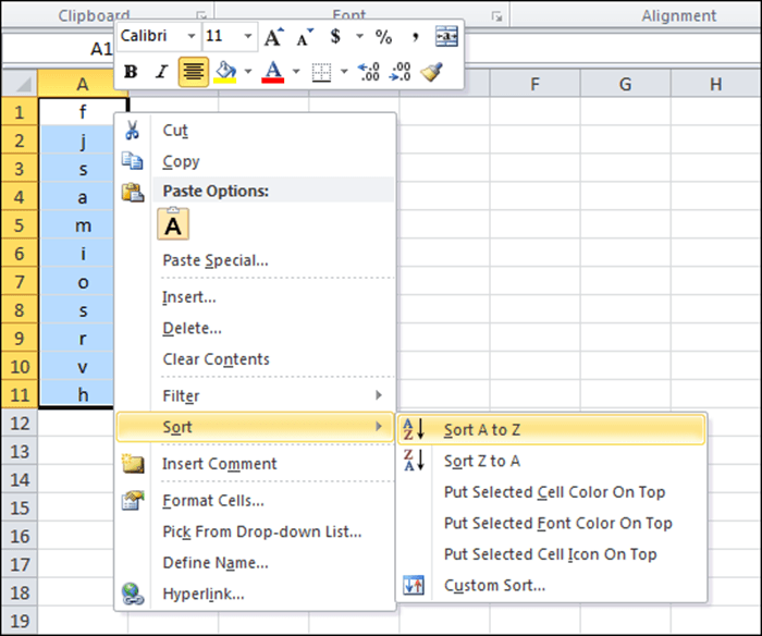 Сортировать список в алфавитном порядке в Ms Excel