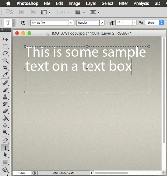 Область управления текстом Photoshop до