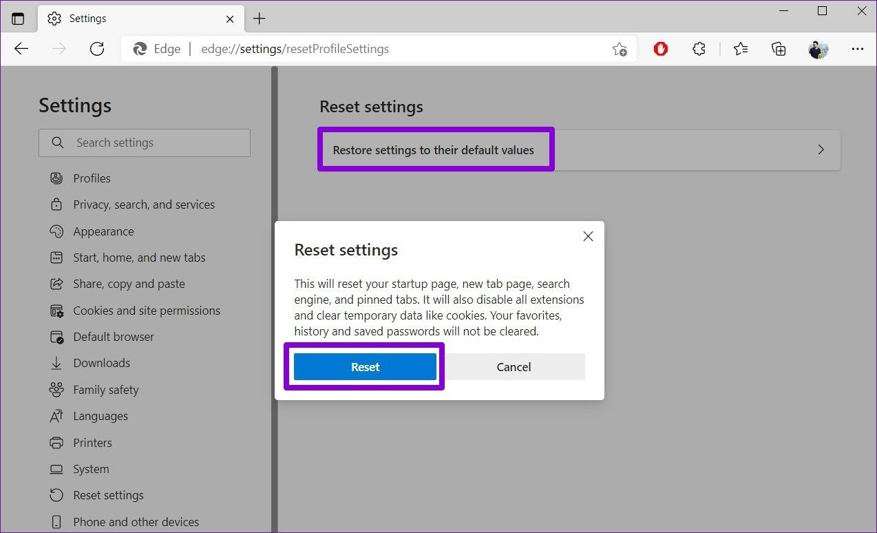 Сбросить Microsoft Edge