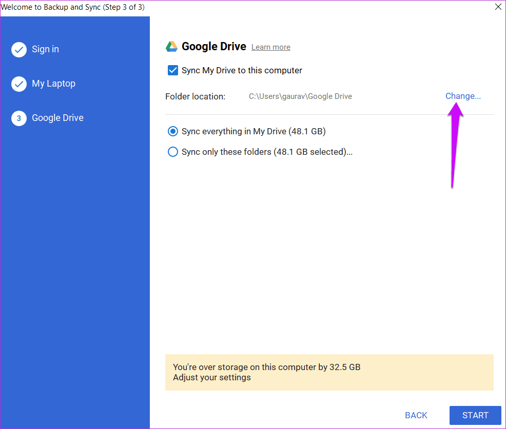 Изменение местоположения папки Google Диска в Windows 10 5