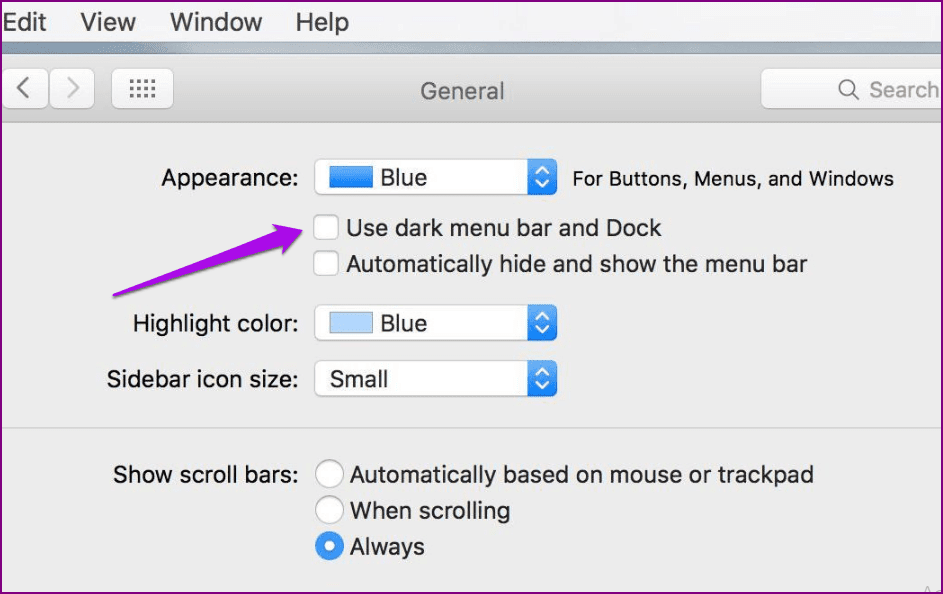 Отключить устройства в темном режиме Системные настройки Mac Общие Использование темной панели меню Dock