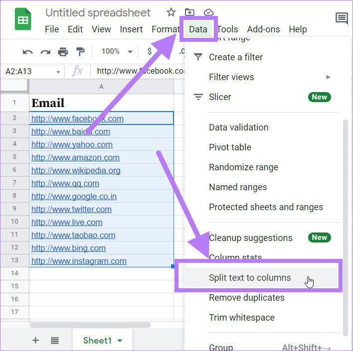 Разделить текст на столбцы Google Sheets URL