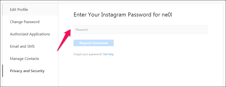 Запрос пароля для загрузки данных Instagram