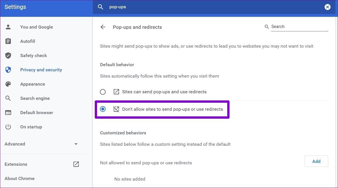 Отключить всплывающие окна в Chrome