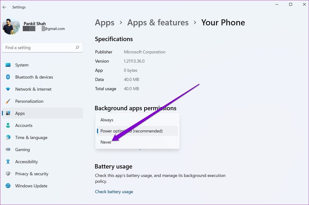 Отключить фоновую активность для приложения в Windows 11