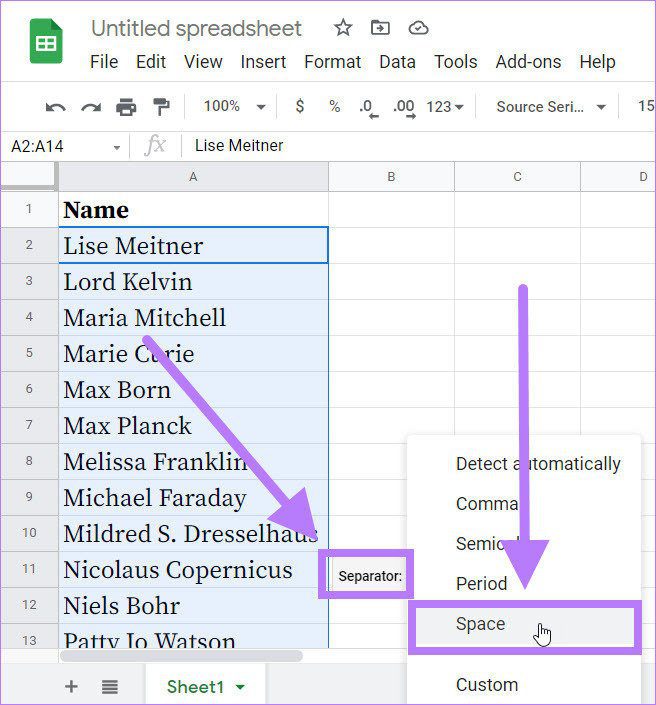 Разделитель пробелов Google Sheets функция разделения