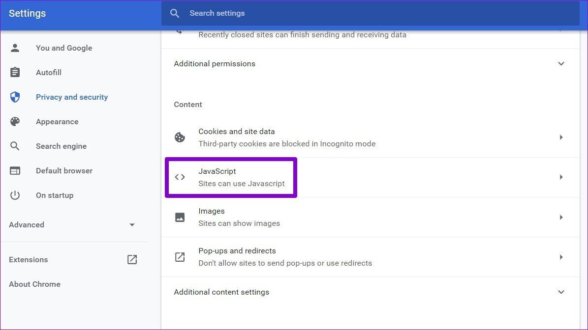 Настройки Java-скрипта в Chrome
