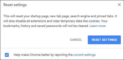 Всплывающее окно с предупреждением о сбросе настроек Chrome