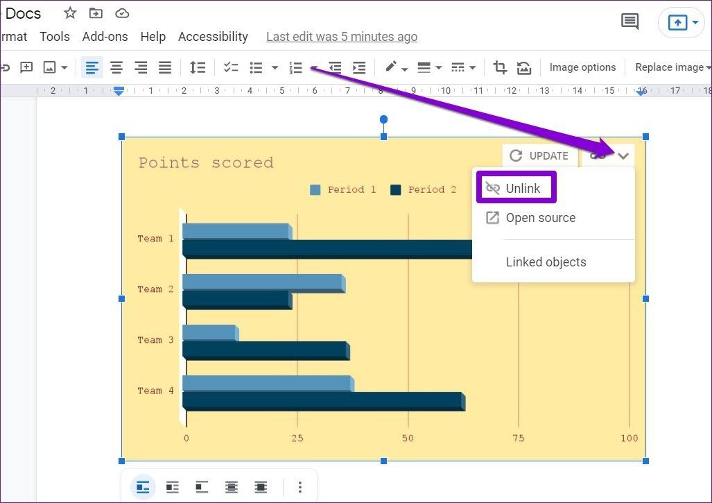 Отключить диаграмму в Google Docs