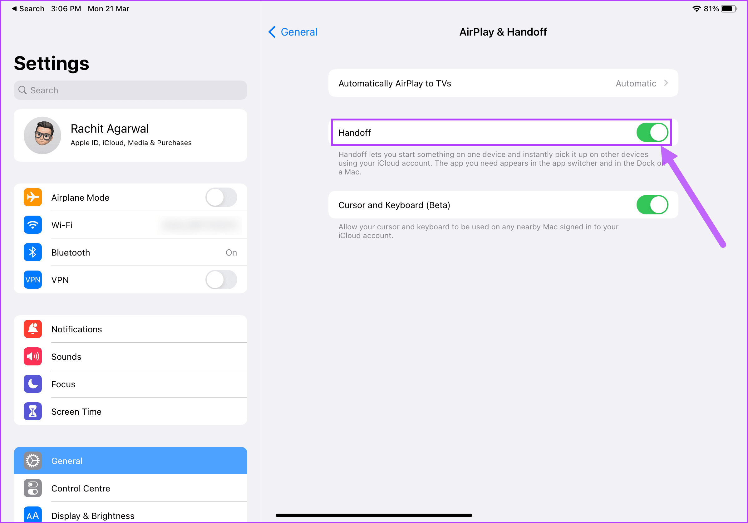 6. Включите передачу обслуживания на Mac и iPad 5.