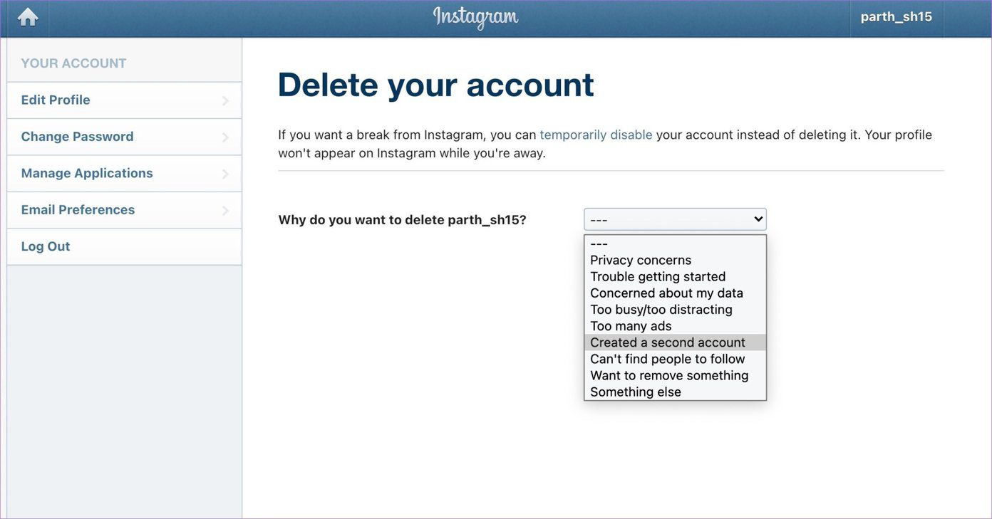 Выберите причину удаления Instagram