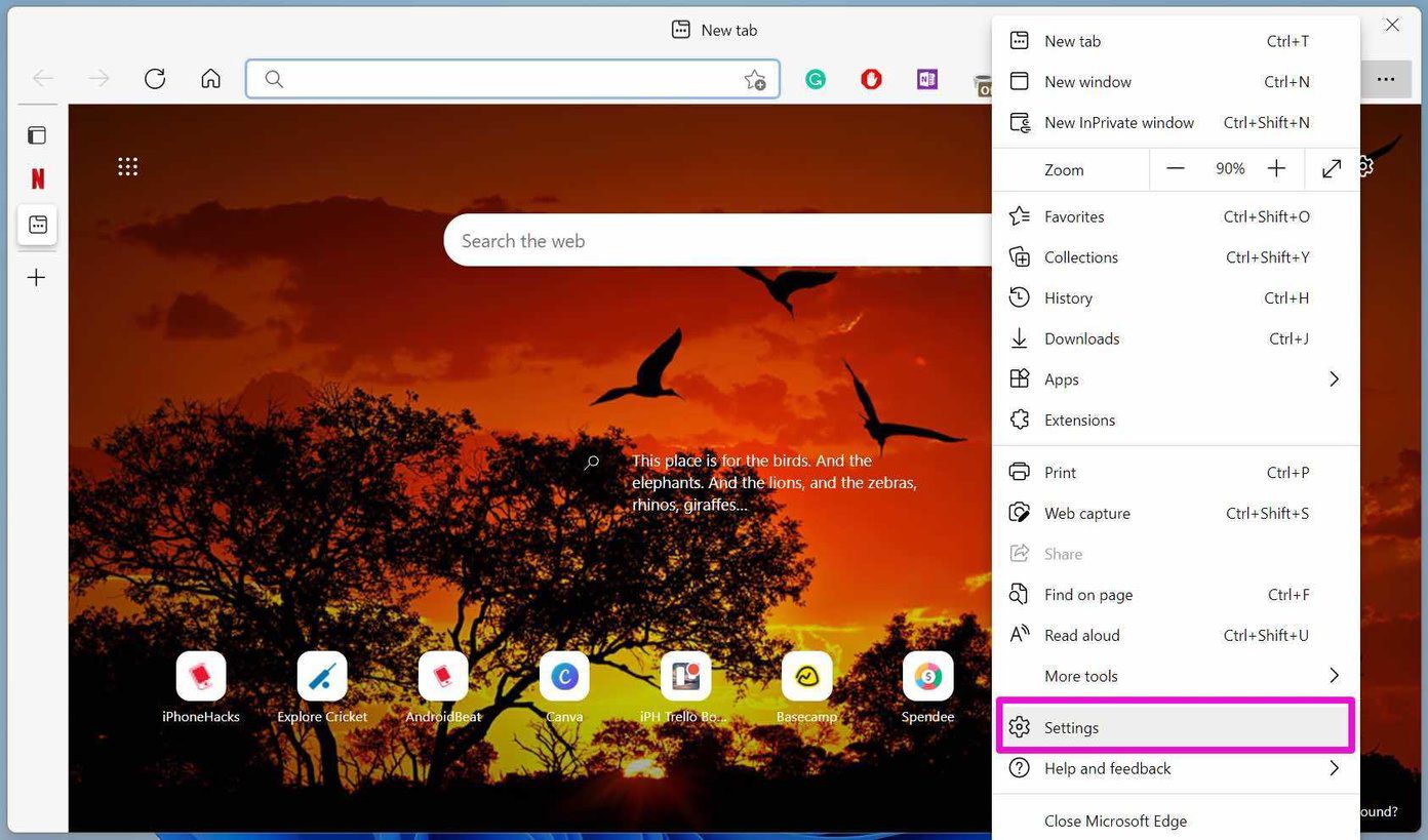Откройте настройки Microsoft Edge