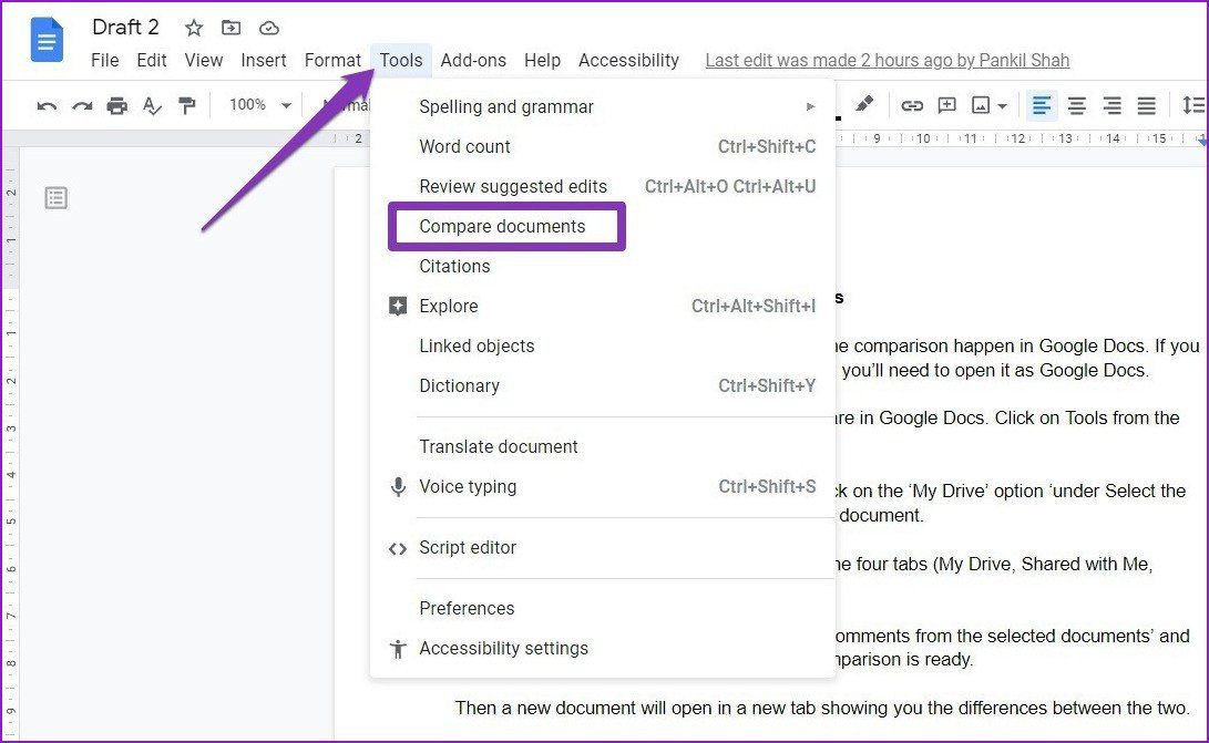 Сравните документ в Google Docs