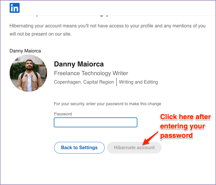 Пароль для гибернационной учетной записи LinkedIn