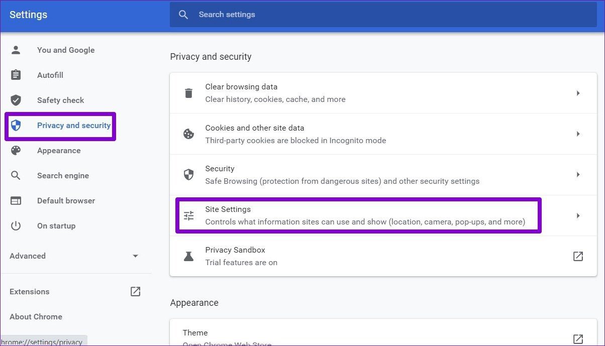 Настройки сайта в Chrome