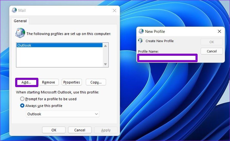 Создать новый профиль для Outlook