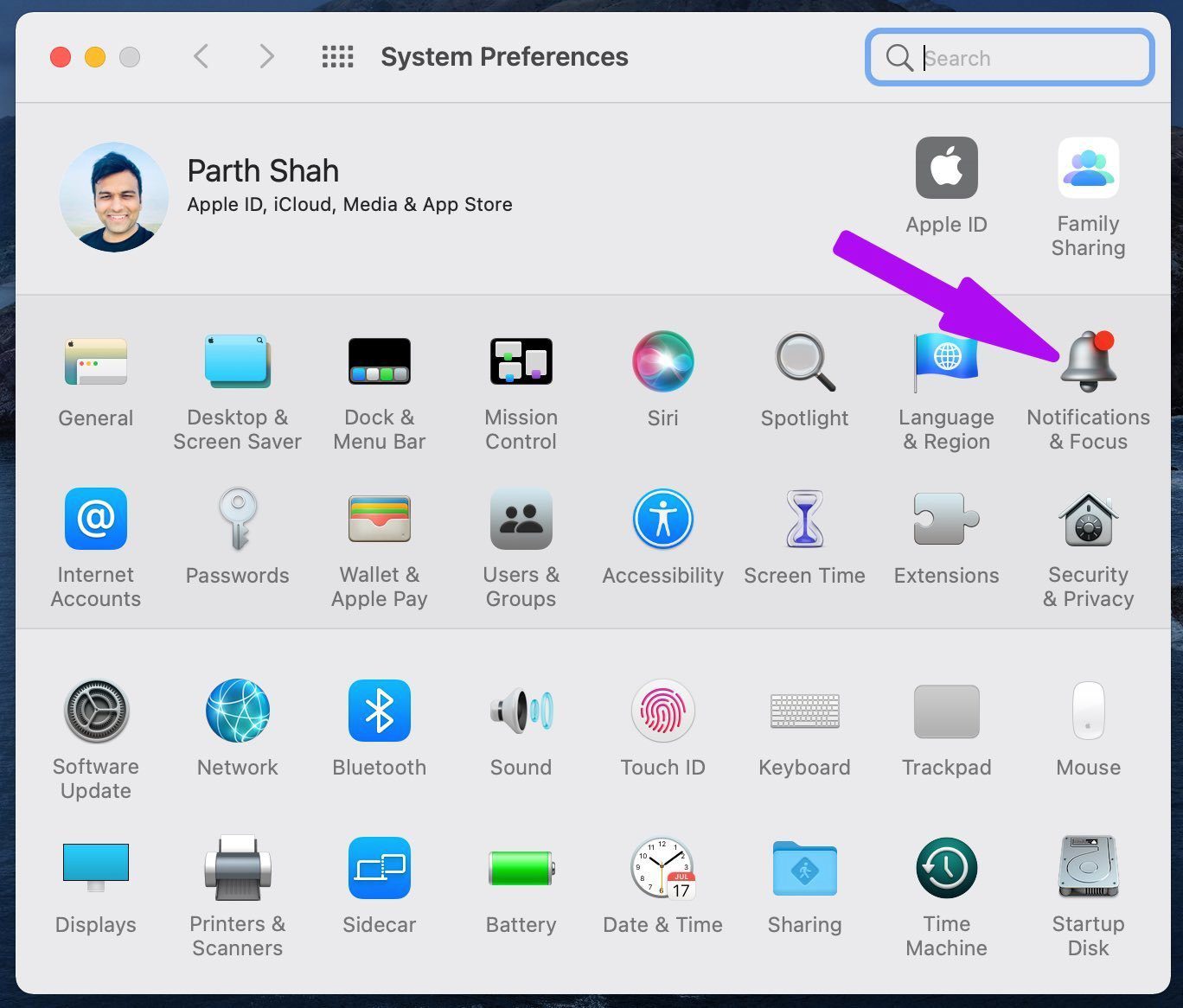 Уведомления и меню фокусировки на Mac
