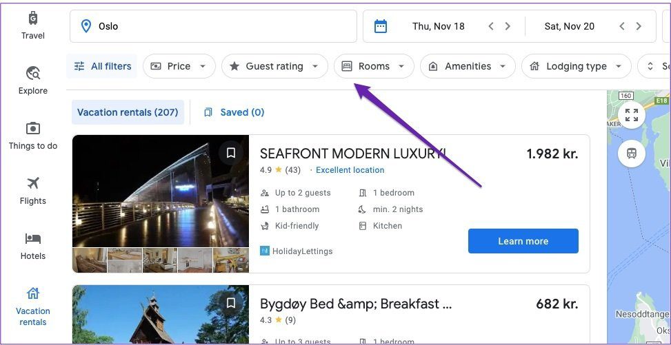Google Travel фильтр размещения