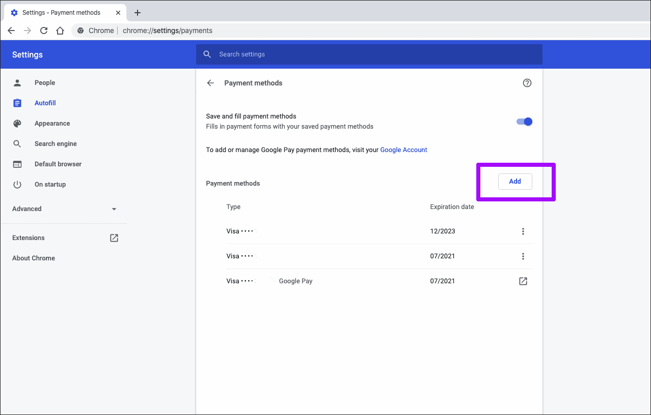 Chrome Добавить Удалить информацию о кредитной карте 4