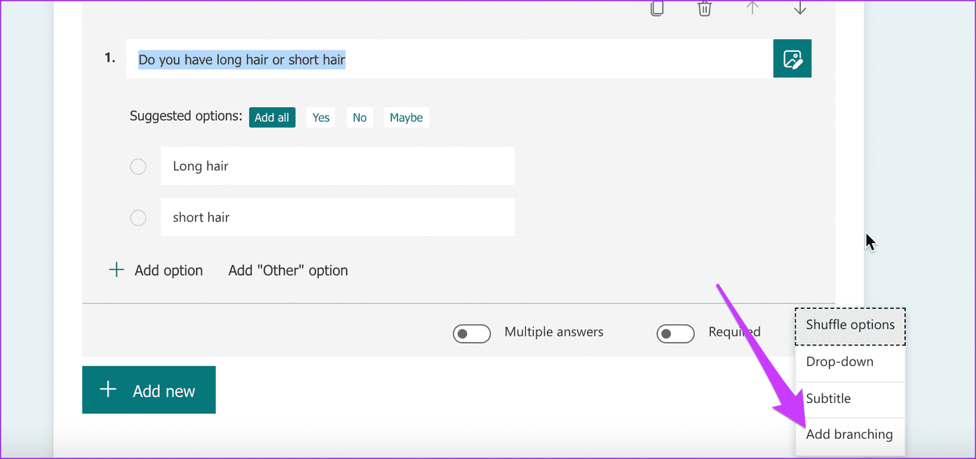 Как добавить ветвление в Microsoft Forms по отдельности2