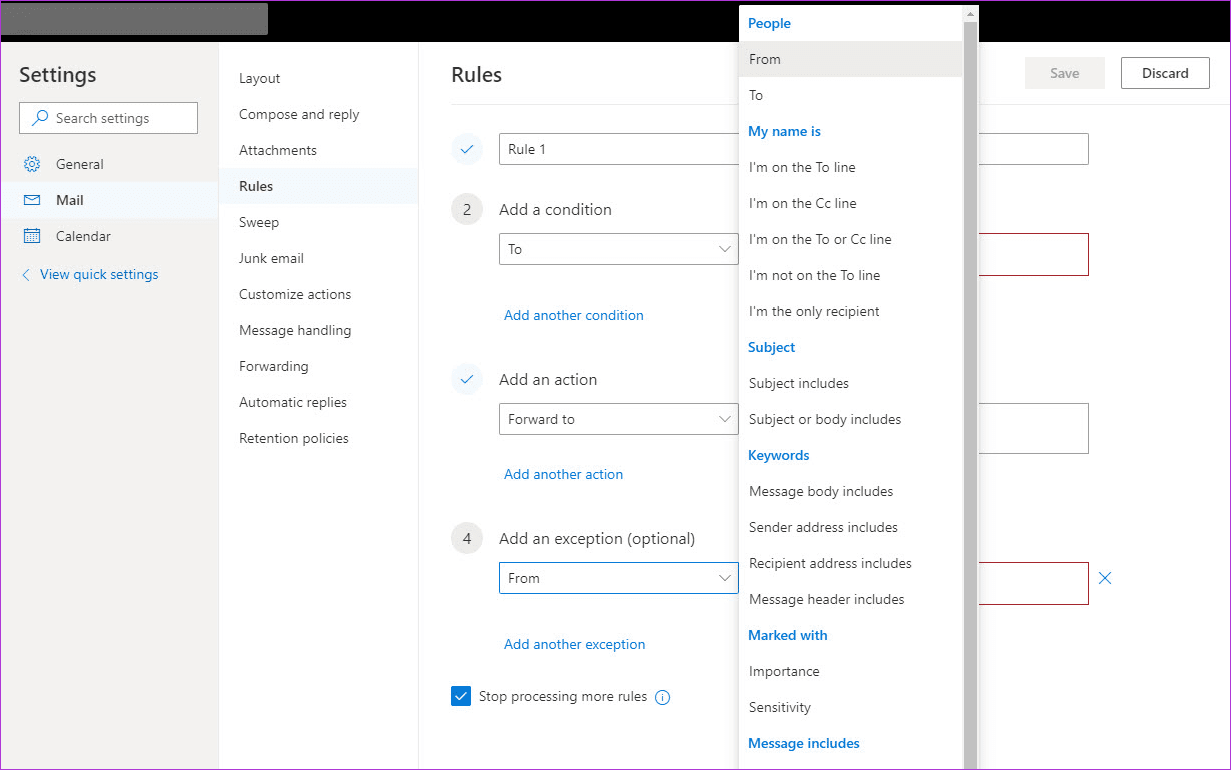 Создание и управление правилами в Office 365 Webmail 2