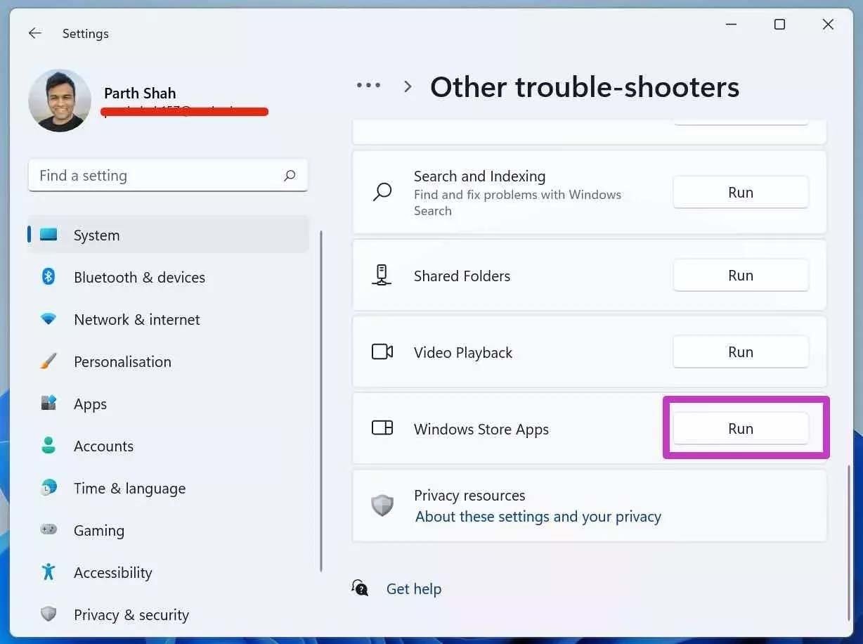 Запустите средство устранения неполадок приложений магазина Windows