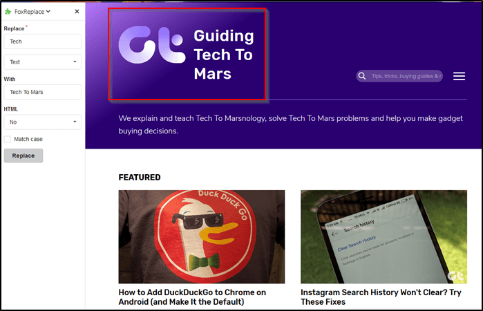 Fox Replace Guiding Tech Замененный текст