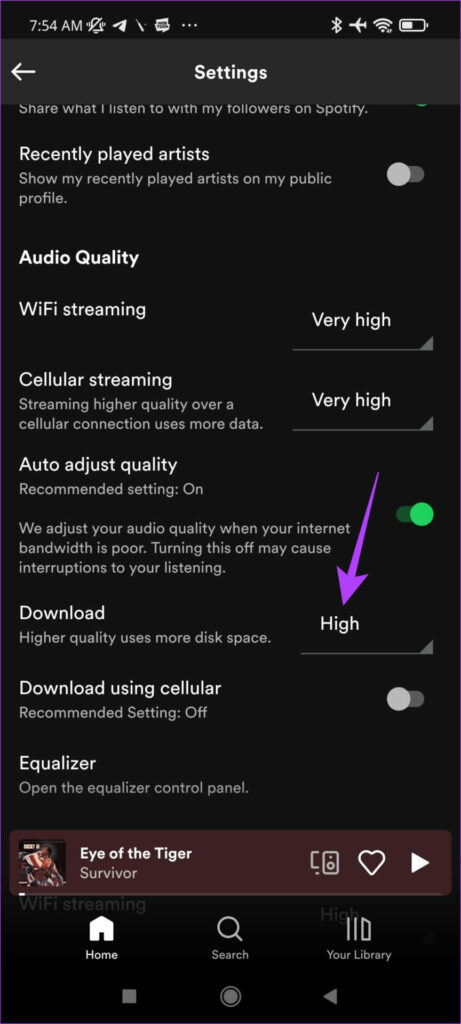 Выберите качество загрузки на Spotify