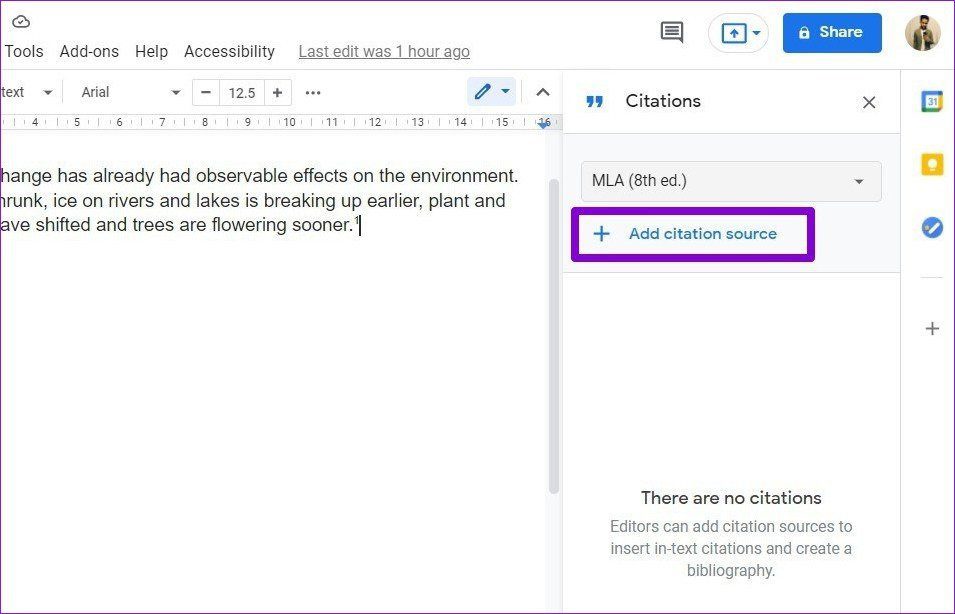 Добавить источник цитирования в Google Docs