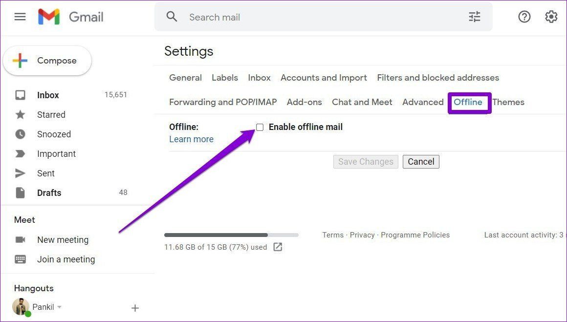 Включить автономный режим в Gmail