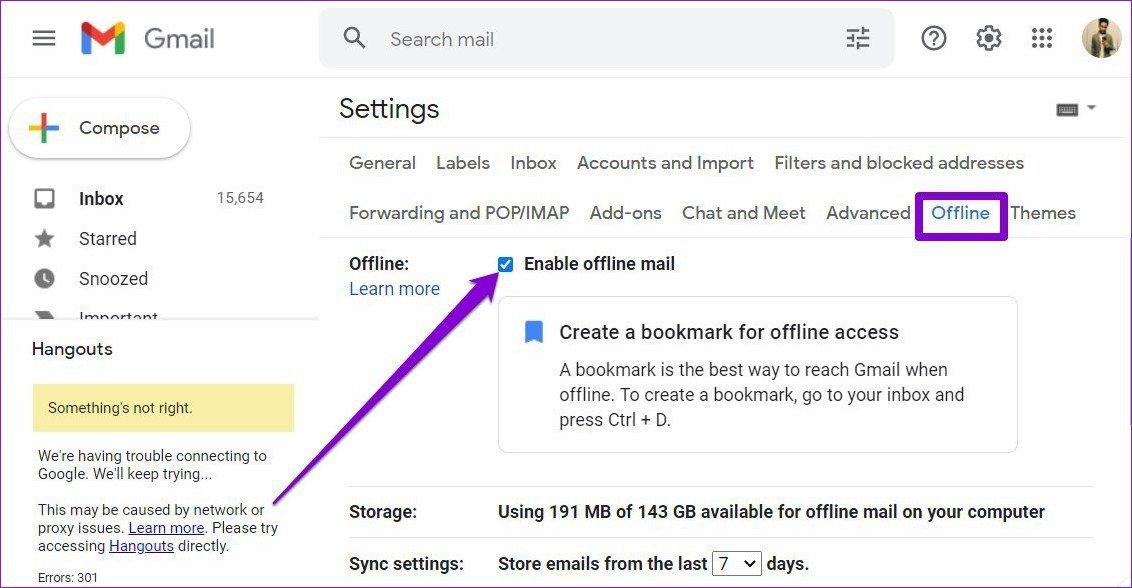 Отключить Gmail офлайн