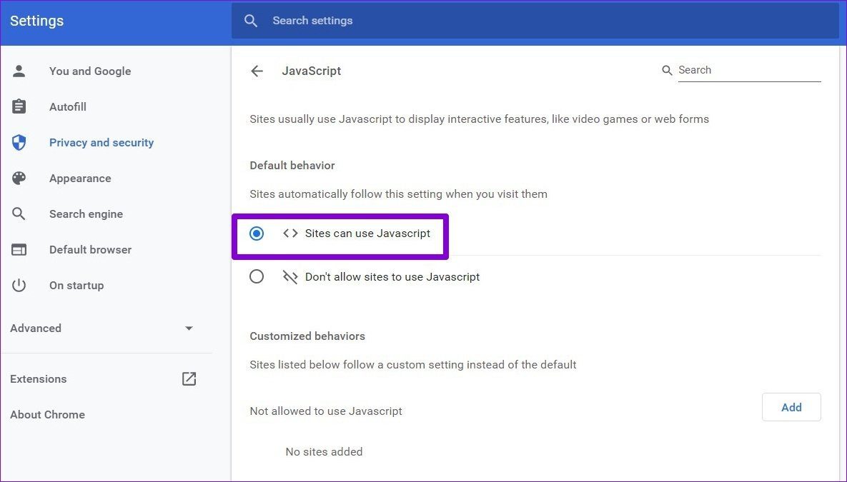 Разрешить сайтам использовать Java Script