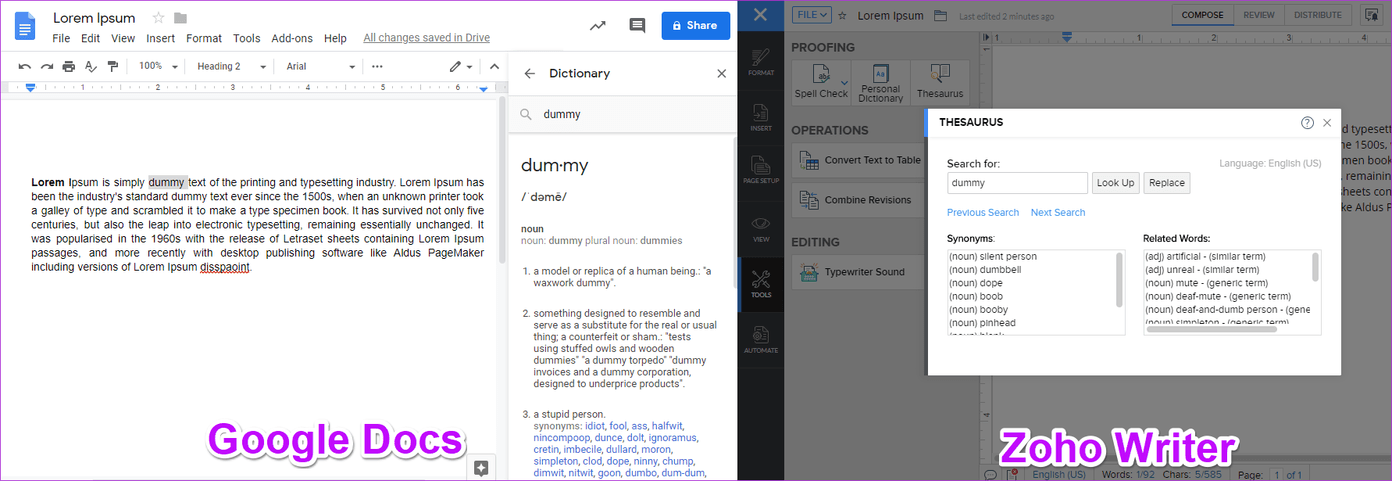 Zoho Docs Writer против Google Docs 6