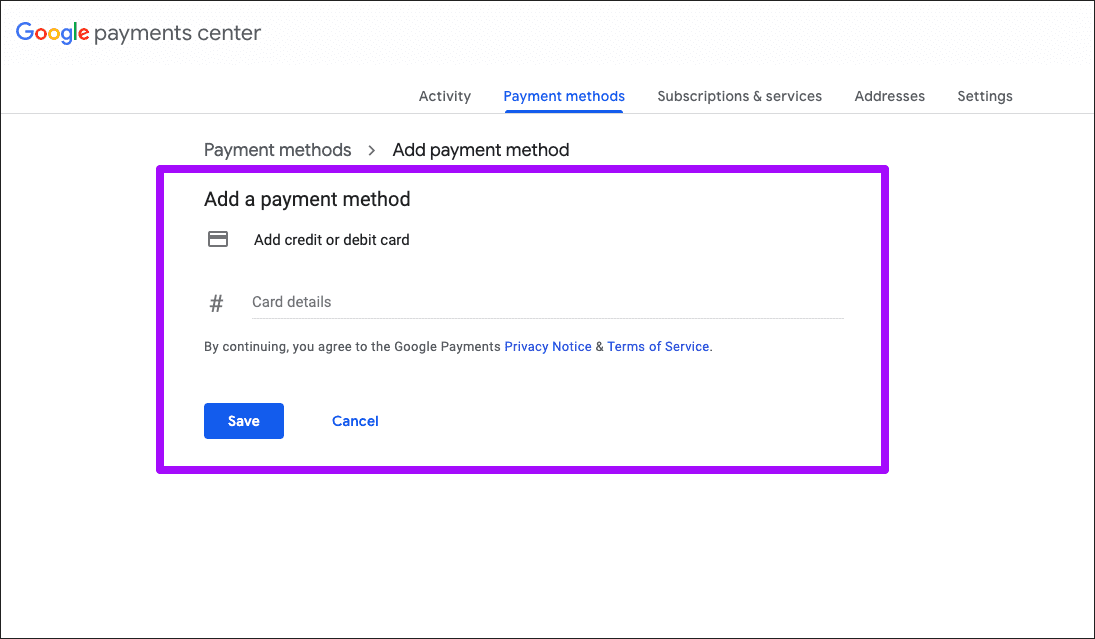 Chrome Добавить Удалить информацию о кредитной карте 2
