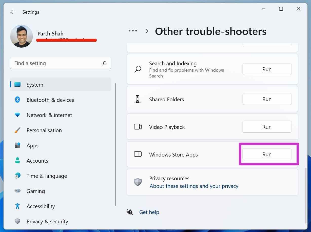 Запустите средство устранения неполадок магазина Windows