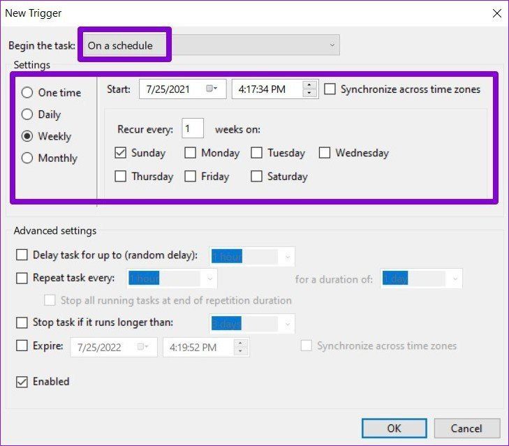 Установите триггеры для задач в Windows