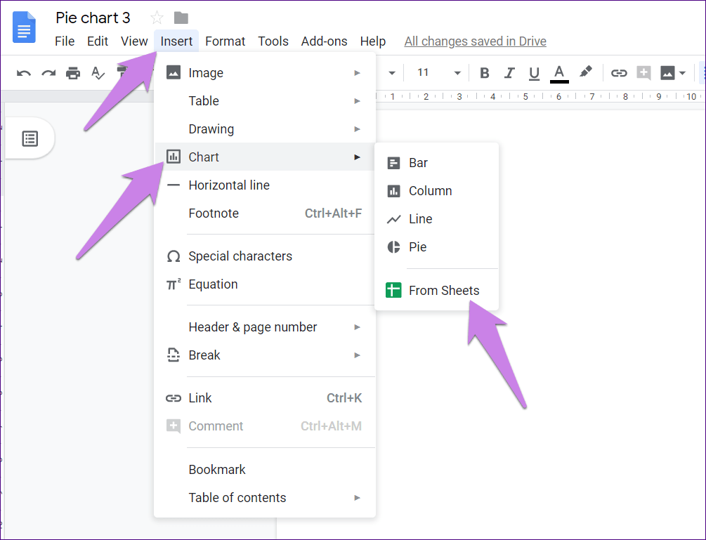 Добавить круговую диаграмму Google Docs 2